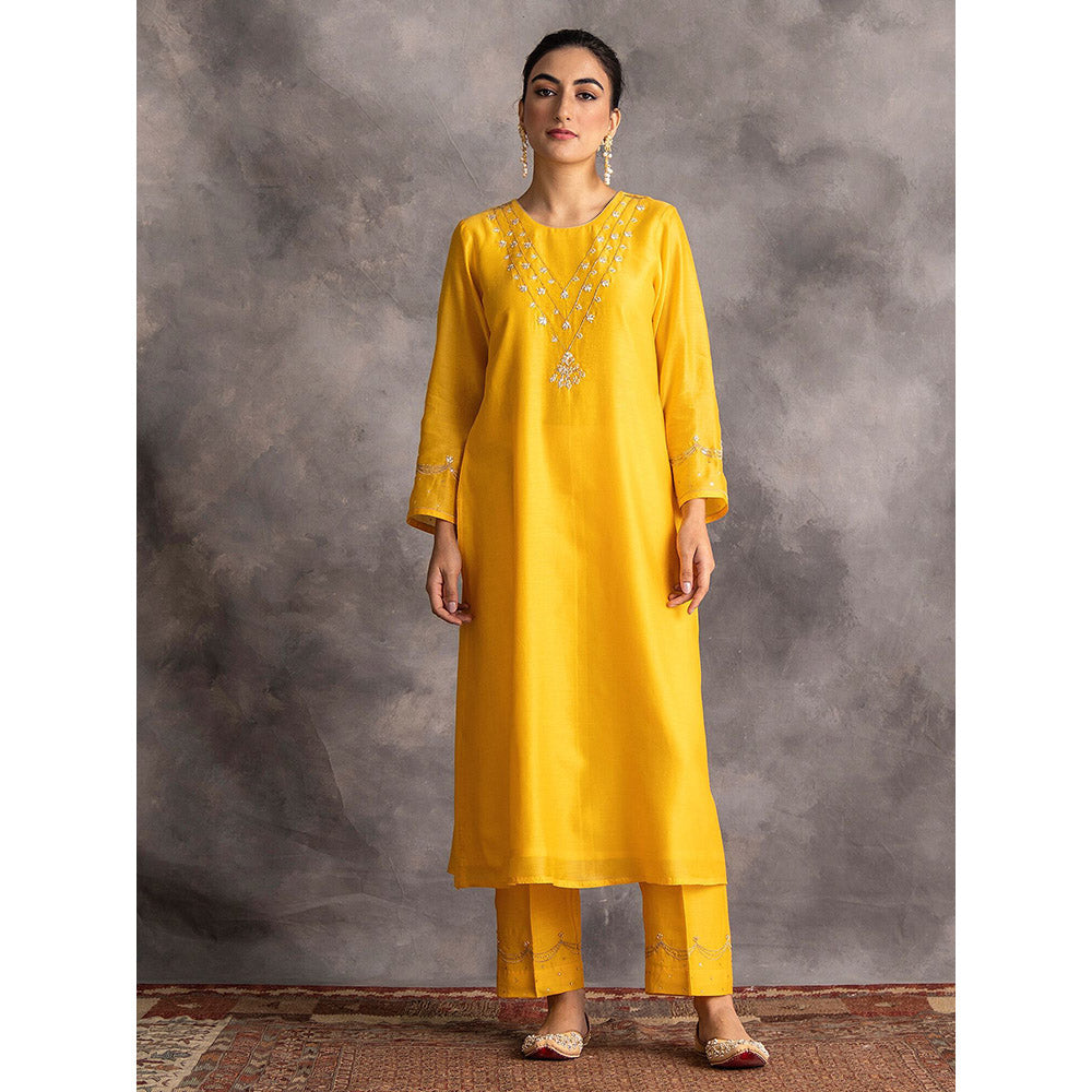 Anantaa by Roohi Trehan Yellow Silk Chanderi A-Line Kurta With Hand Embroidery