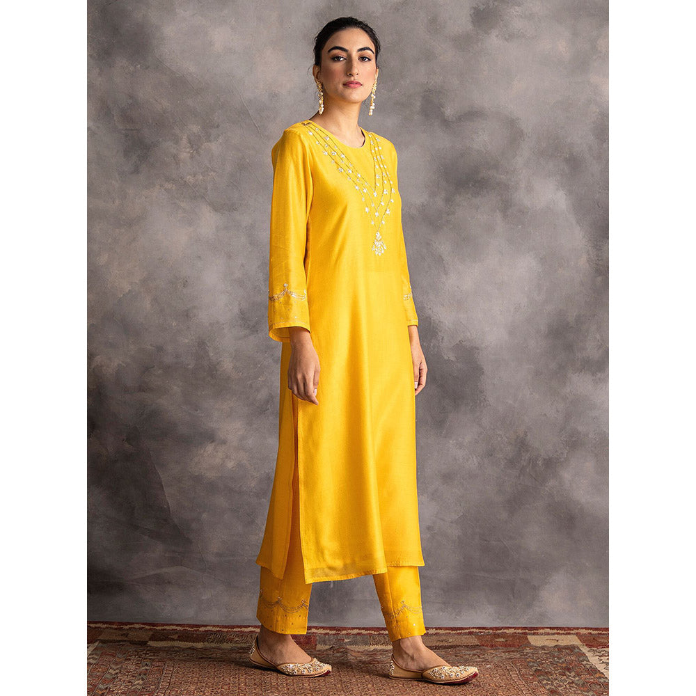 Anantaa by Roohi Trehan Yellow Silk Chanderi A-Line Kurta With Hand Embroidery