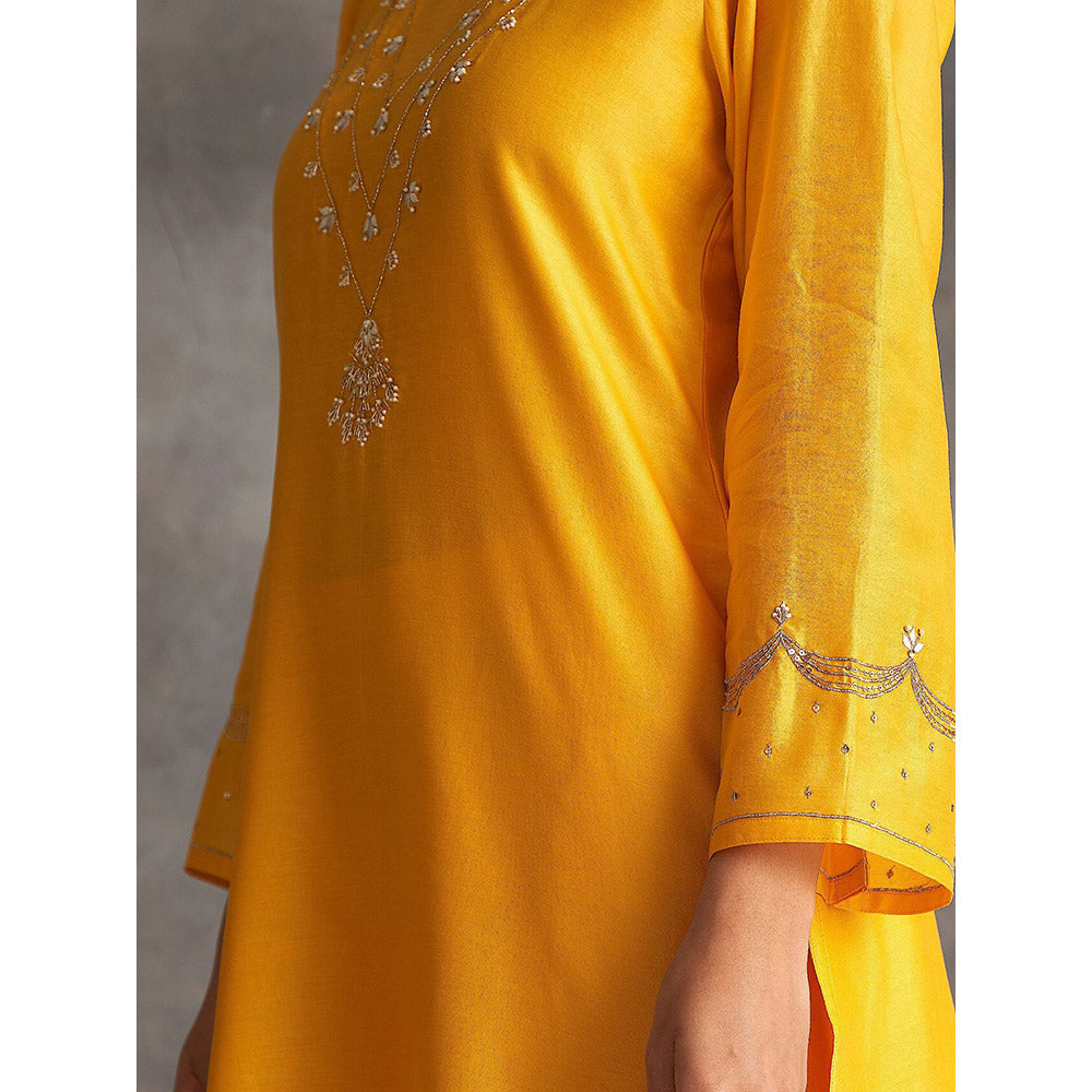 Anantaa by Roohi Trehan Yellow Silk Chanderi A-Line Kurta With Hand Embroidery