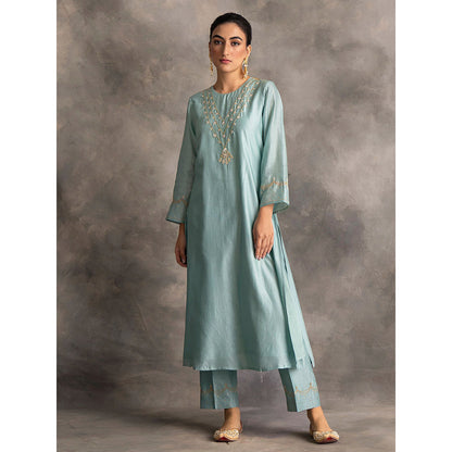 Anantaa by Roohi Trehan Blue Silk Chanderi A-Line Kurta With Hand Embroidery
