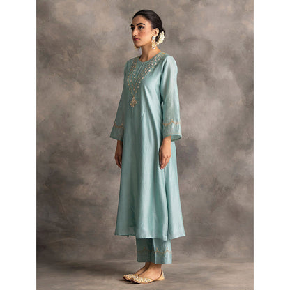 Anantaa by Roohi Trehan Blue Silk Chanderi A-Line Kurta With Hand Embroidery