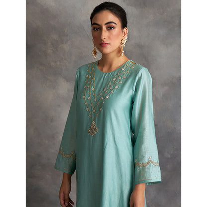 Anantaa by Roohi Trehan Blue Silk Chanderi A-Line Kurta With Hand Embroidery