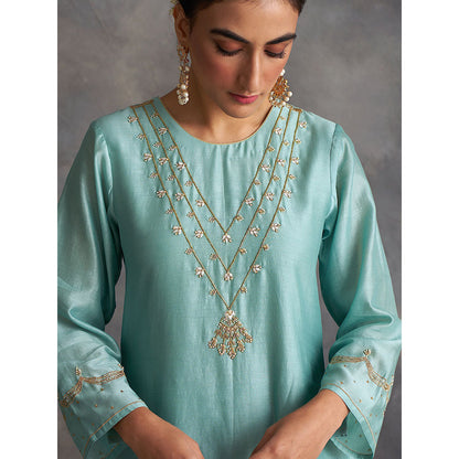 Anantaa by Roohi Trehan Blue Silk Chanderi A-Line Kurta With Hand Embroidery
