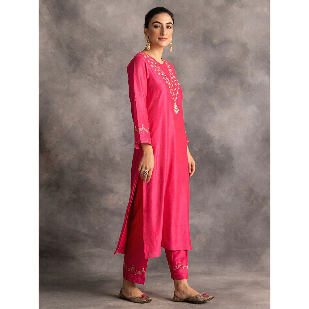 Anantaa by Roohi Trehan Pink Silk Chanderi A-Line Kurta With Hand Embroidery