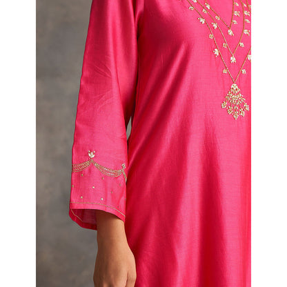 Anantaa by Roohi Trehan Pink Silk Chanderi A-Line Kurta With Hand Embroidery