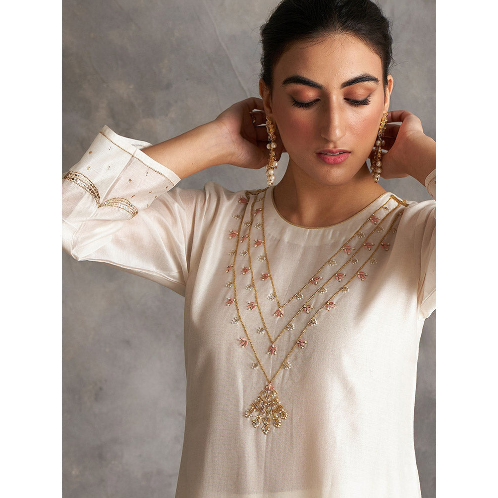 Anantaa by Roohi Trehan Off White Silk Chanderi A-Line Kurta With Hand Embroidery