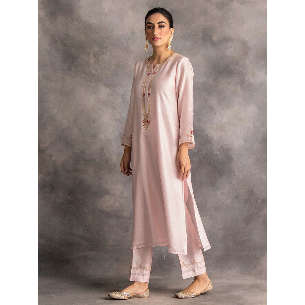 Anantaa by Roohi Trehan Pastel Pink Silk Chanderi A-Line Kurta With Hand Embroidery