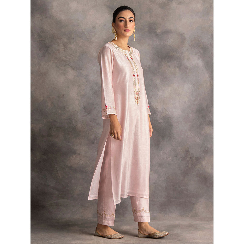 Anantaa by Roohi Trehan Pastel Pink Silk Chanderi A-Line Kurta With Hand Embroidery