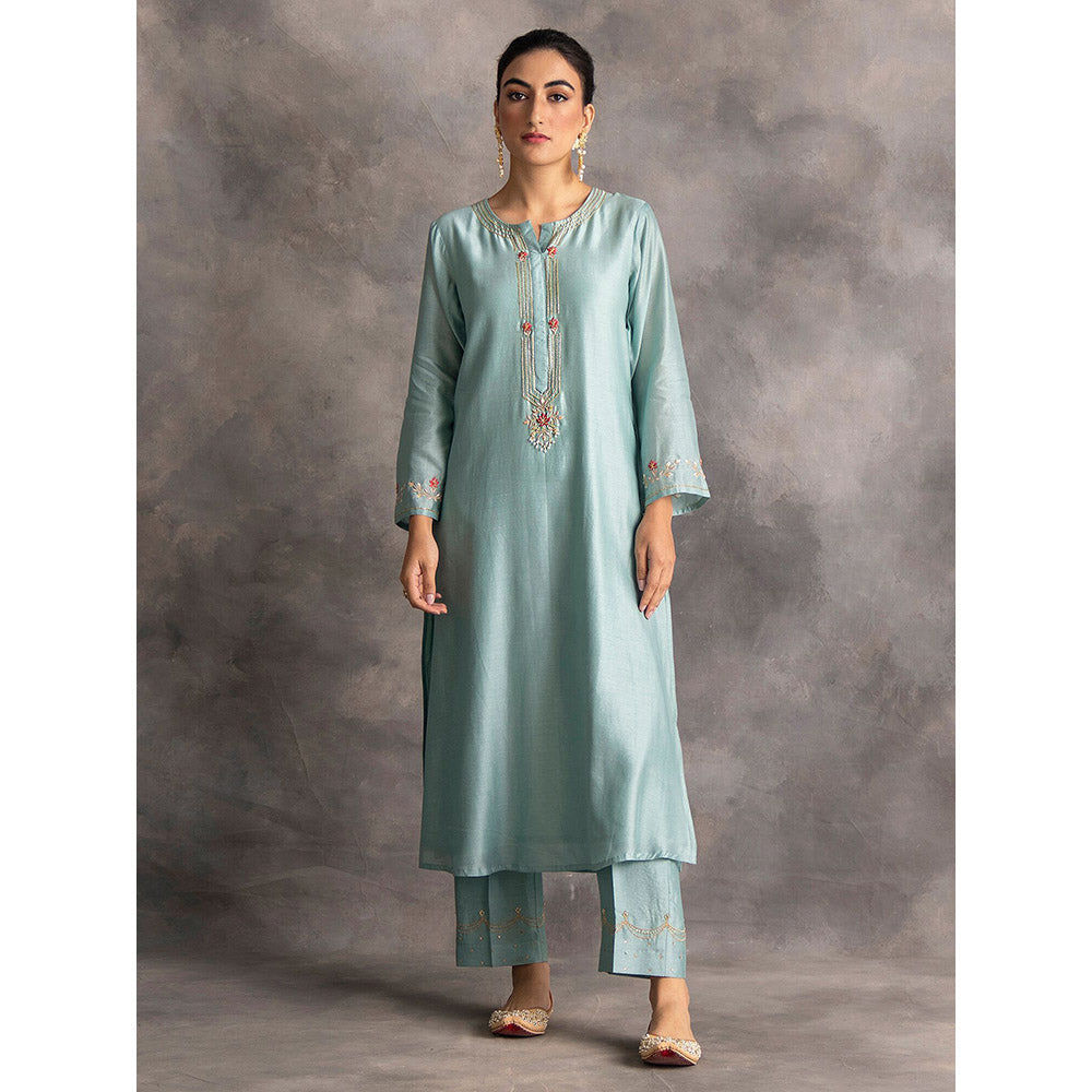 Anantaa by Roohi Trehan Blue Silk Chanderi A-Line Kurta With Hand Embroidery