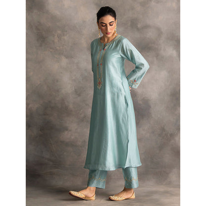 Anantaa by Roohi Trehan Blue Silk Chanderi A-Line Kurta With Hand Embroidery