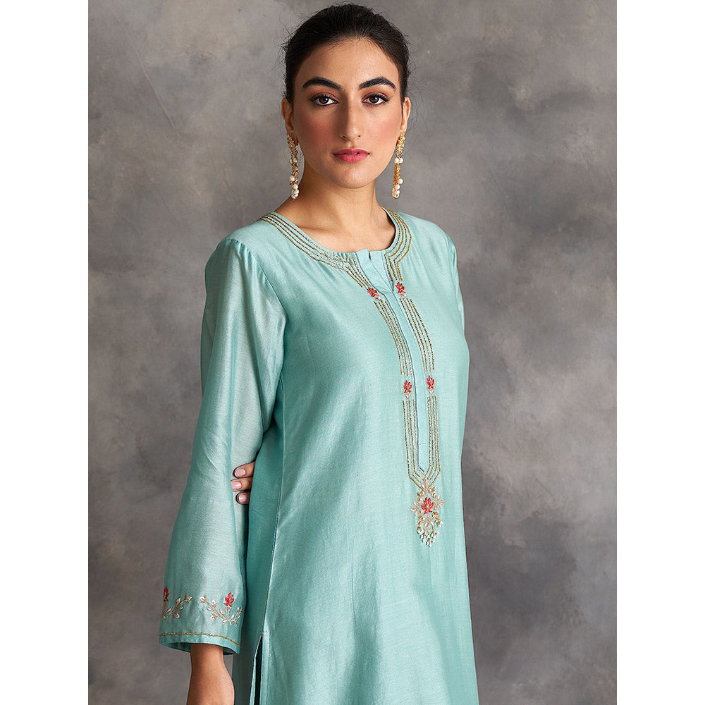 Anantaa by Roohi Trehan Blue Silk Chanderi A-Line Kurta With Hand Embroidery