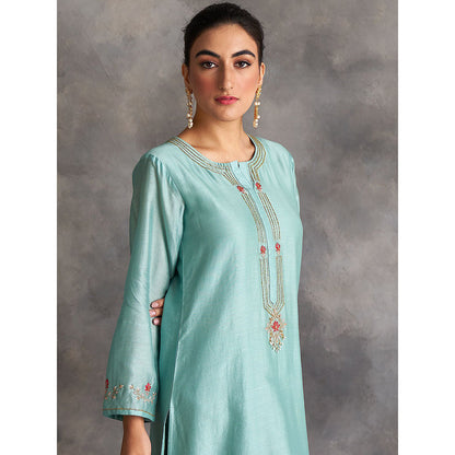 Anantaa by Roohi Trehan Blue Silk Chanderi A-Line Kurta With Hand Embroidery