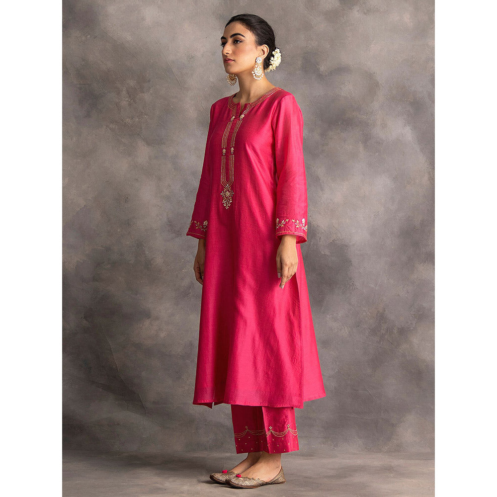 Anantaa by Roohi Trehan Pink Silk Chanderi A-Line Kurta With Hand Embroidery