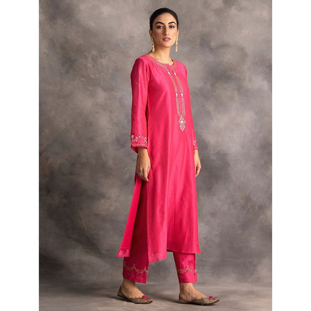 Anantaa by Roohi Trehan Pink Silk Chanderi A-Line Kurta With Hand Embroidery