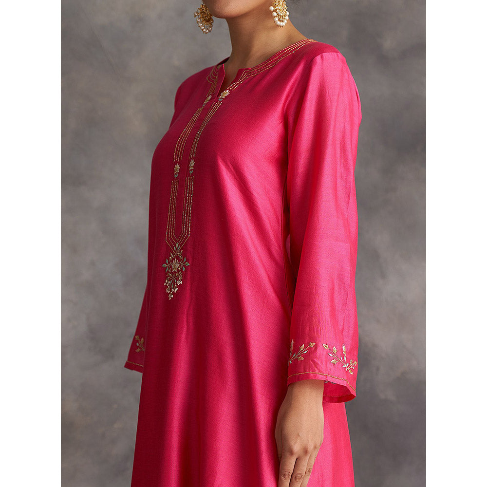 Anantaa by Roohi Trehan Pink Silk Chanderi A-Line Kurta With Hand Embroidery
