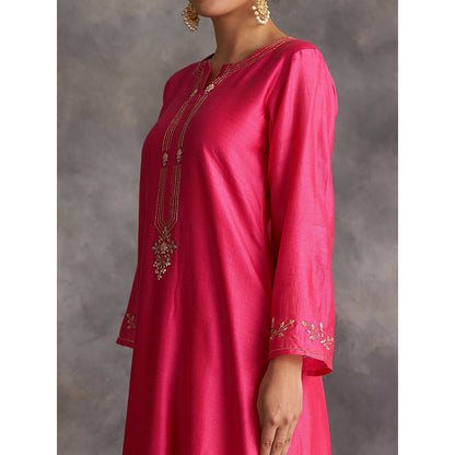Anantaa by Roohi Trehan Pink Silk Chanderi A-Line Kurta With Hand Embroidery