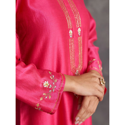 Anantaa by Roohi Trehan Pink Silk Chanderi A-Line Kurta With Hand Embroidery
