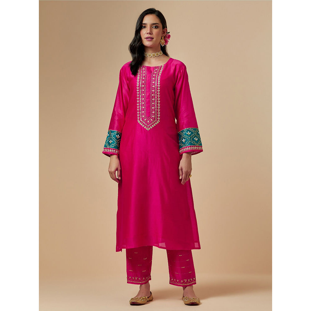 Anantaa by Roohi Trehan Pink Silk Chanderi A-Line Hand Embroidered Kurta