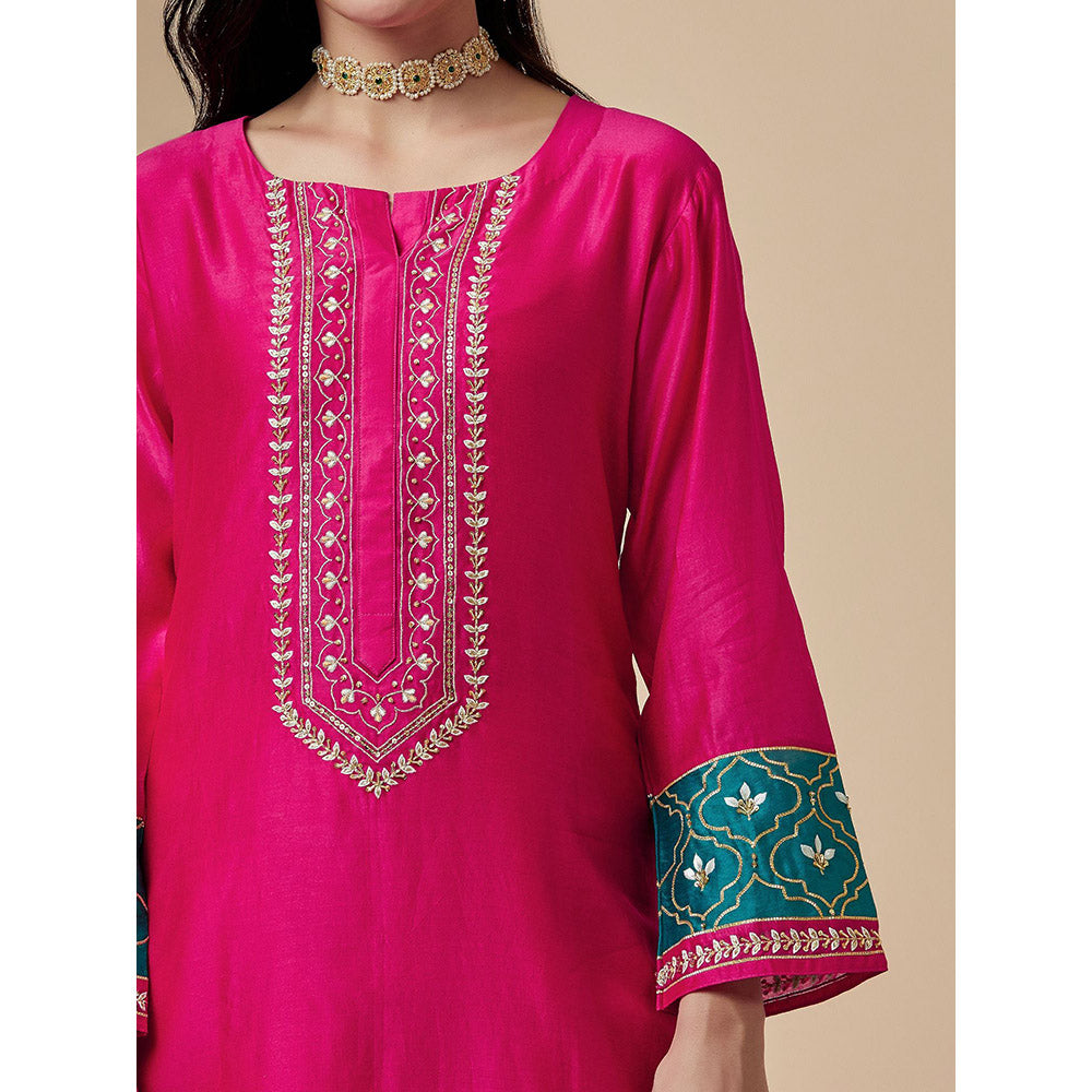 Anantaa by Roohi Trehan Pink Silk Chanderi A-Line Hand Embroidered Kurta