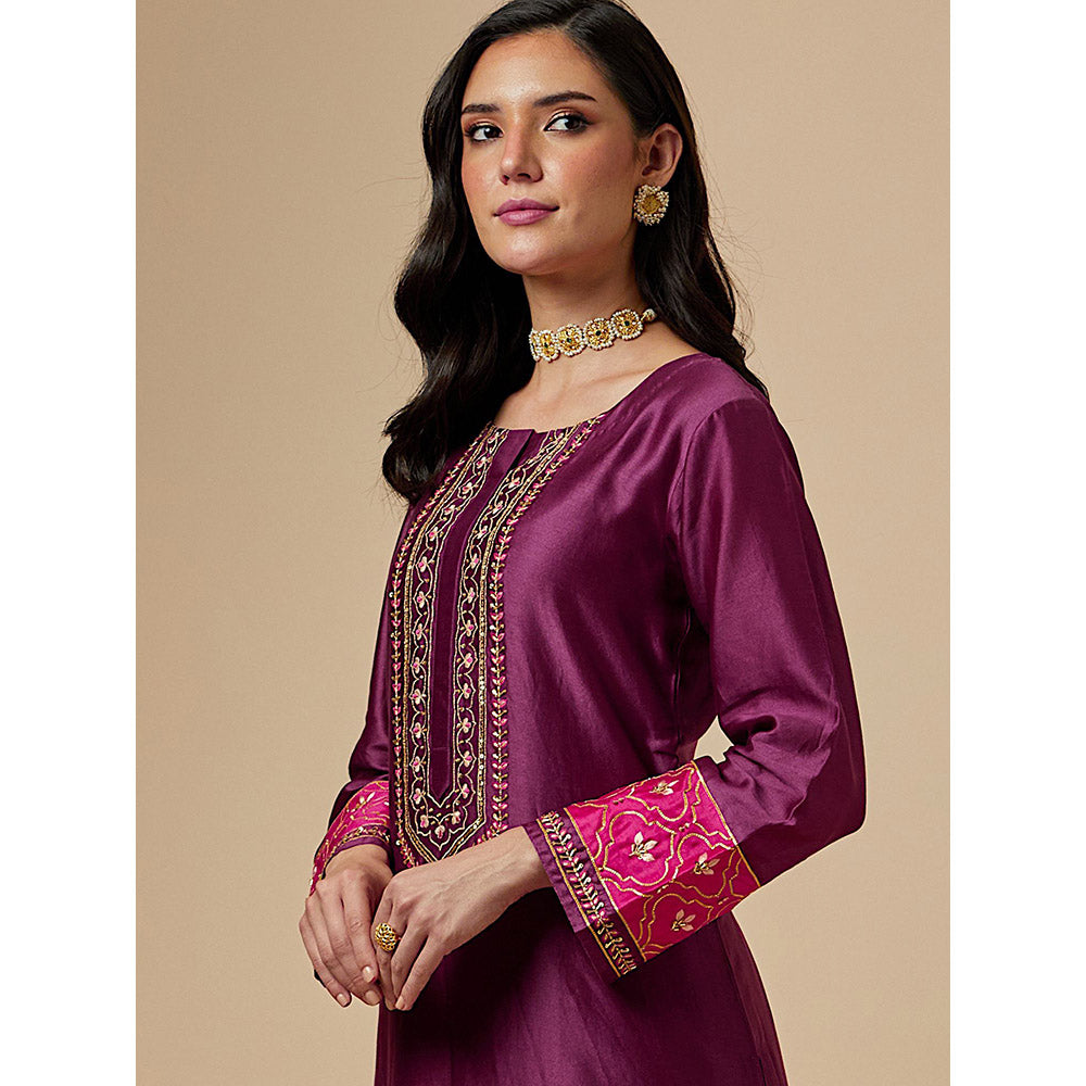 Anantaa by Roohi Trehan Wine Silk Chanderi A-Line Hand Embroidered Kurta