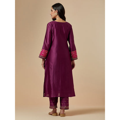 Anantaa by Roohi Trehan Wine Silk Chanderi A-Line Hand Embroidered Kurta