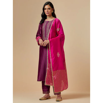 Anantaa by Roohi Trehan Wine Silk Chanderi A-Line Hand Embroidered Kurta
