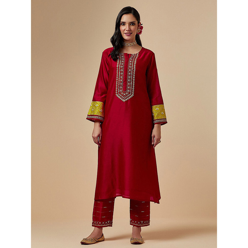 Anantaa by Roohi Trehan Red Silk Chanderi A-Line Hand Embroidered Kurta
