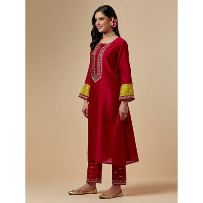 Anantaa by Roohi Trehan Red Silk Chanderi A-Line Hand Embroidered Kurta
