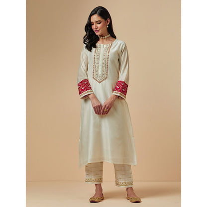 Anantaa by Roohi Trehan Off White Silk Chanderi A-Line Hand Embroidered Kurta