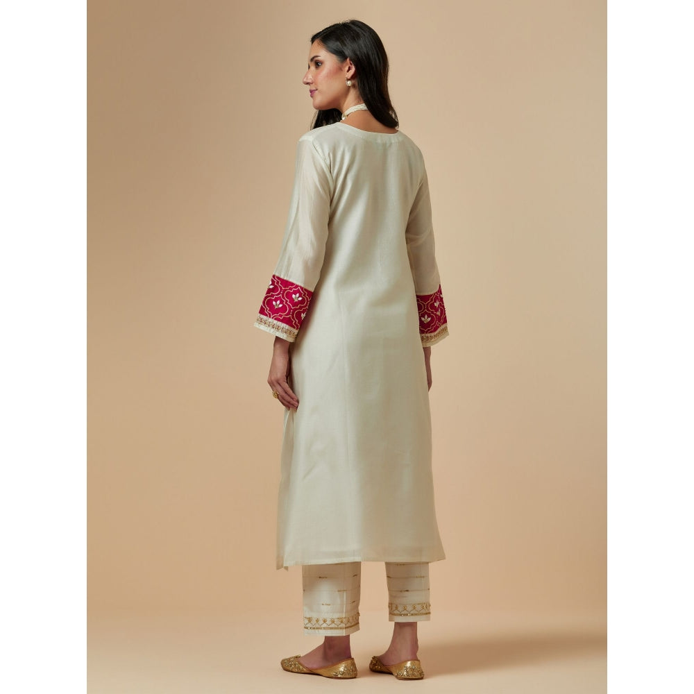 Anantaa by Roohi Trehan Off White Silk Chanderi A-Line Hand Embroidered Kurta