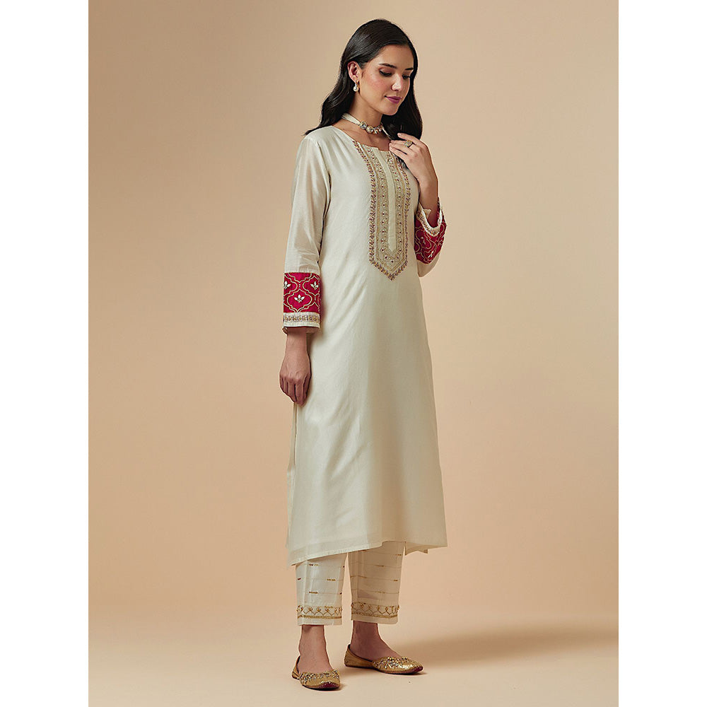 Anantaa by Roohi Trehan Off White Silk Chanderi A-Line Hand Embroidered Kurta