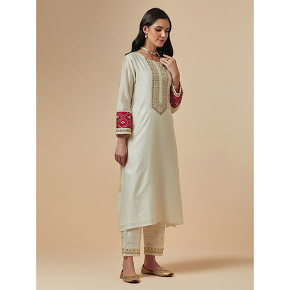 Anantaa by Roohi Trehan Off White Silk Chanderi A-Line Hand Embroidered Kurta