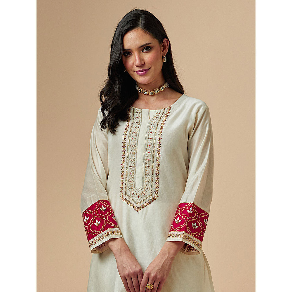 Anantaa by Roohi Trehan Off White Silk Chanderi A-Line Hand Embroidered Kurta