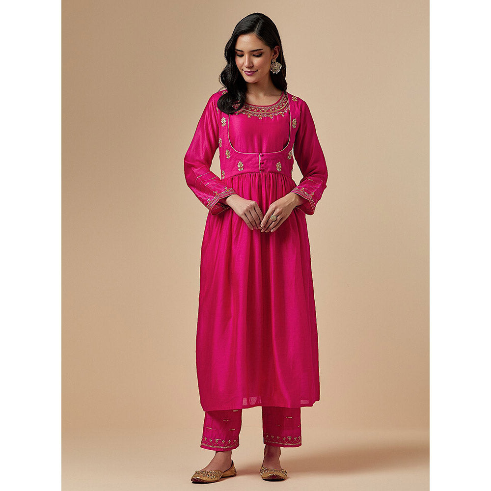 Anantaa by Roohi Trehan Pink Silk Chanderi Hand Embroidered Kurta With Gathers