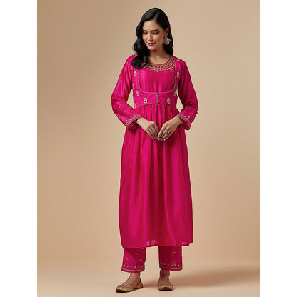 Anantaa by Roohi Trehan Pink Silk Chanderi Hand Embroidered Kurta With Gathers