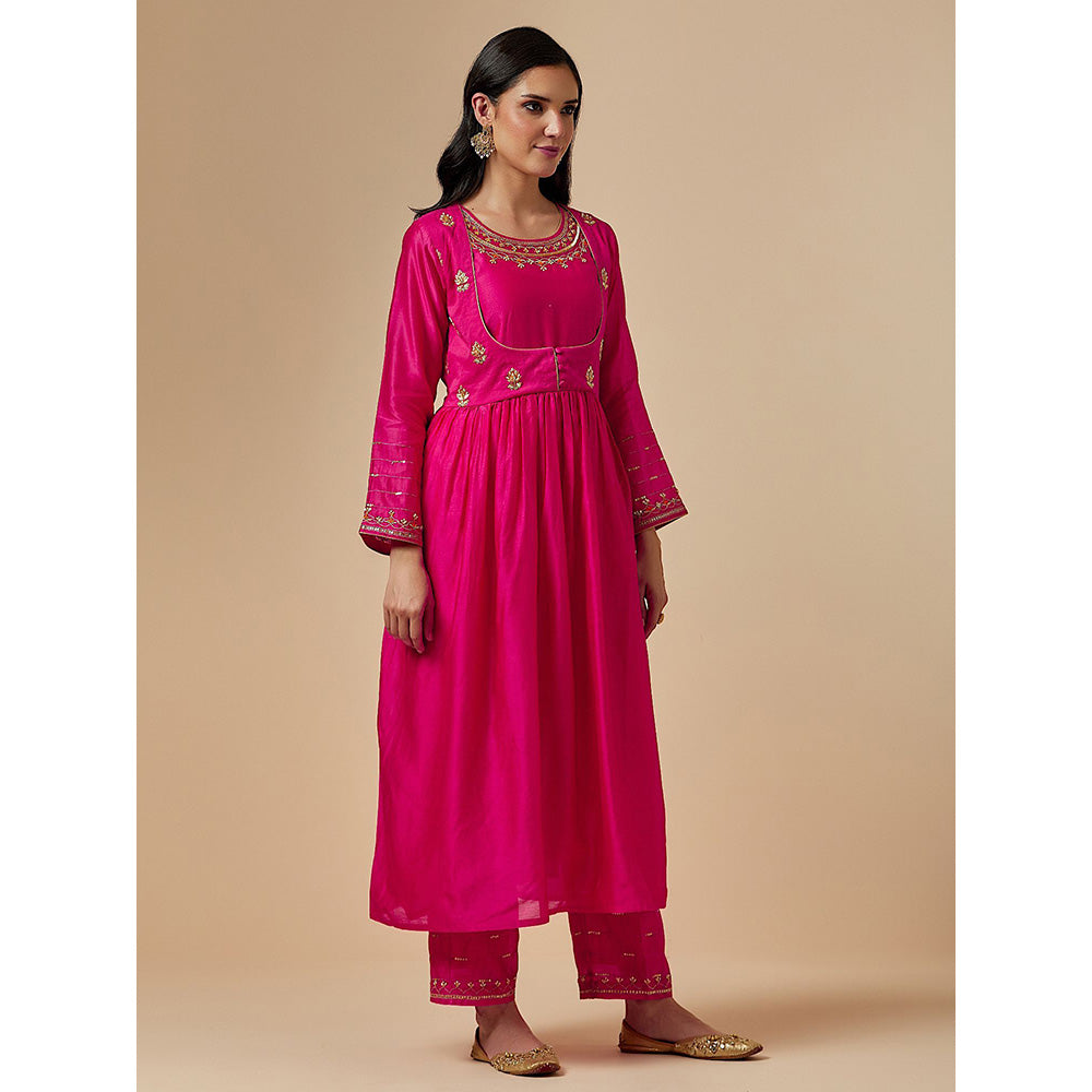 Anantaa by Roohi Trehan Pink Silk Chanderi Hand Embroidered Kurta With Gathers
