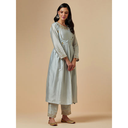 Anantaa by Roohi Trehan Grey Silk Chanderi Hand Embroidered Kurta With Gathers