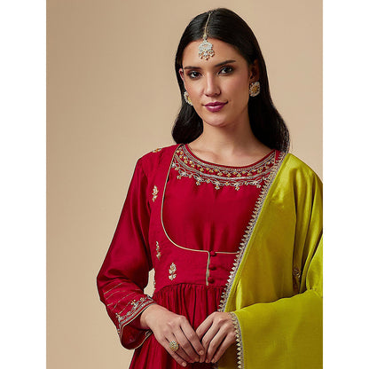 Anantaa by Roohi Trehan Red Silk Chanderi Hand Embroidered Kurta With Gathers