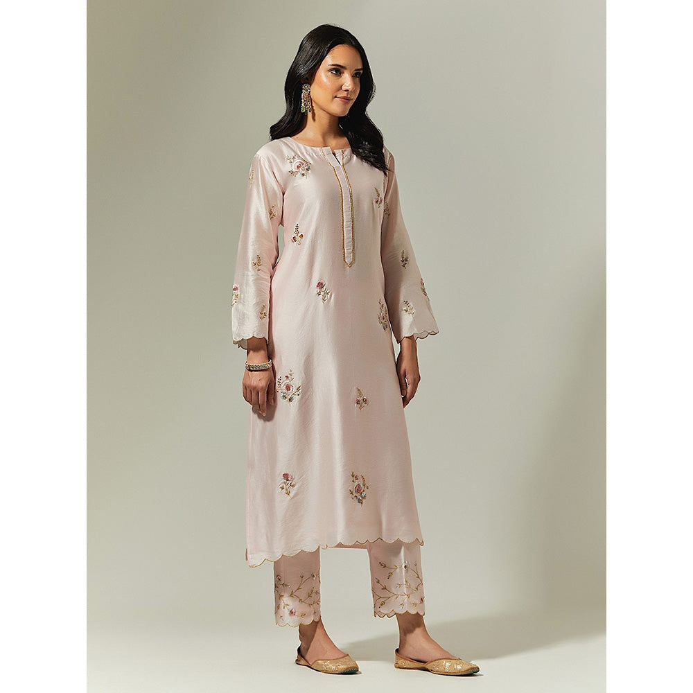 Anantaa by Roohi Trehan Light Pink Silk Chanderi Hand Embroidered Kurta With Plackett