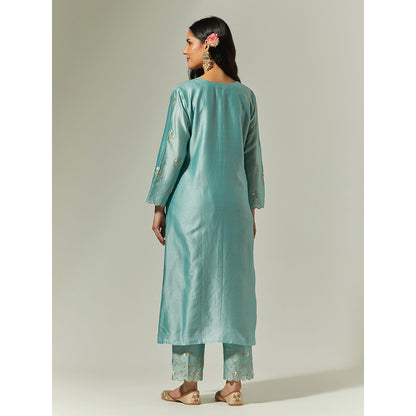 Anantaa by Roohi Trehan Blue Silk Chanderi Hand Embroidered Kurta With Plackett