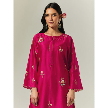 Anantaa by Roohi Trehan Fuchsia Silk Chanderi Hand Embroidered Kurta With Plackett