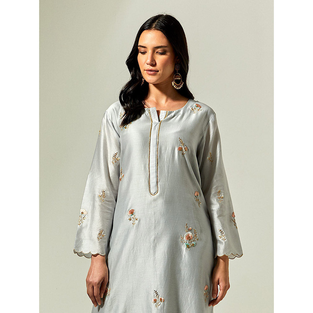 Anantaa by Roohi Trehan Grey Silk Chanderi Hand Embroidered Kurta With Plackett