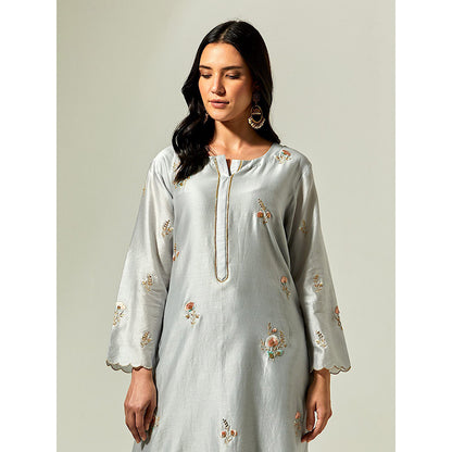 Anantaa by Roohi Trehan Grey Silk Chanderi Hand Embroidered Kurta With Plackett