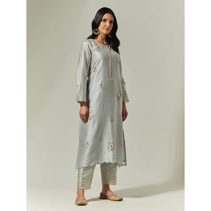 Anantaa by Roohi Trehan Grey Silk Chanderi Hand Embroidered Kurta With Plackett