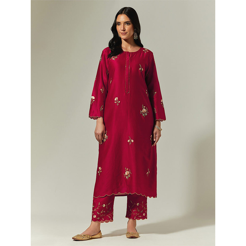 Anantaa by Roohi Trehan Red Silk Chanderi Hand Embroidered Kurta With Plackett