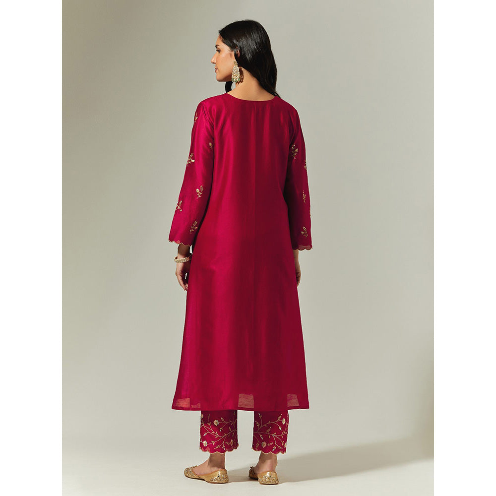 Anantaa by Roohi Trehan Red Silk Chanderi Hand Embroidered Kurta With Plackett