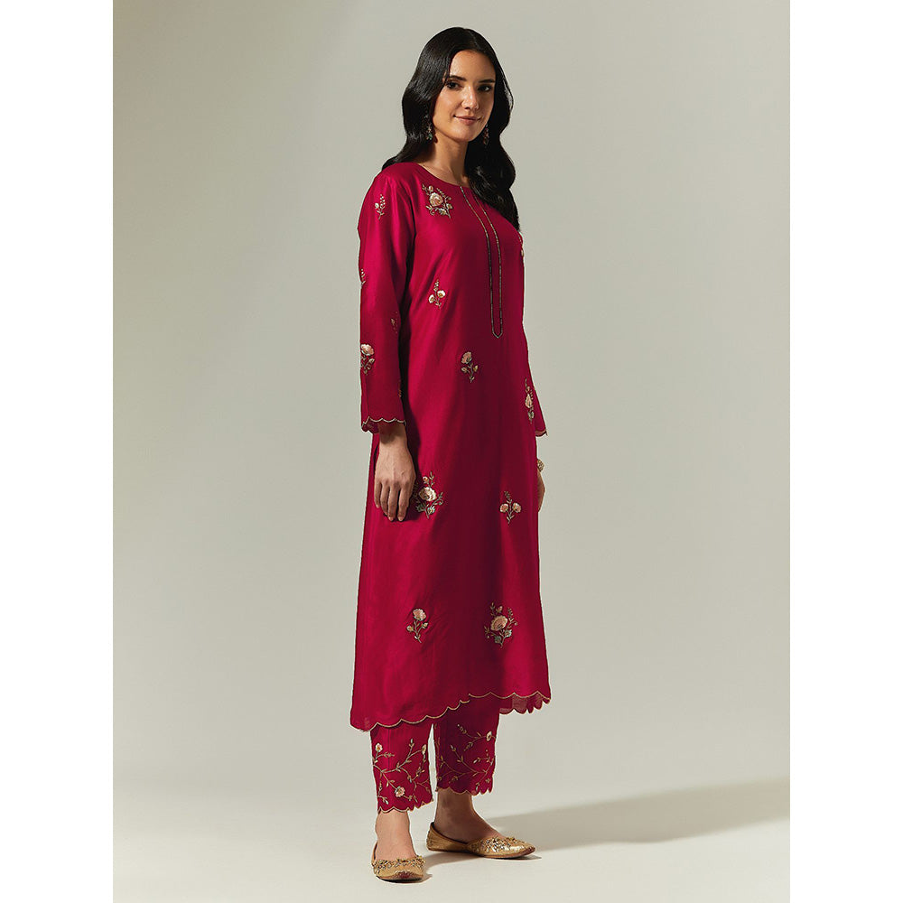 Anantaa by Roohi Trehan Red Silk Chanderi Hand Embroidered Kurta With Plackett