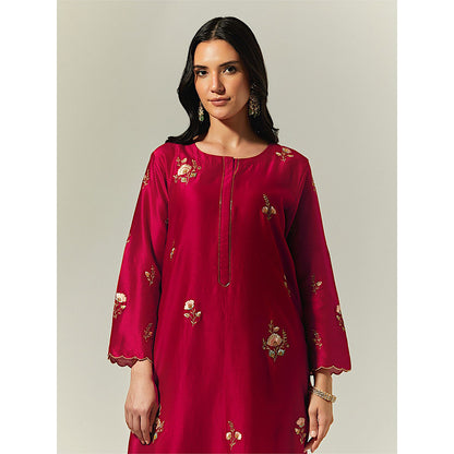 Anantaa by Roohi Trehan Red Silk Chanderi Hand Embroidered Kurta With Plackett