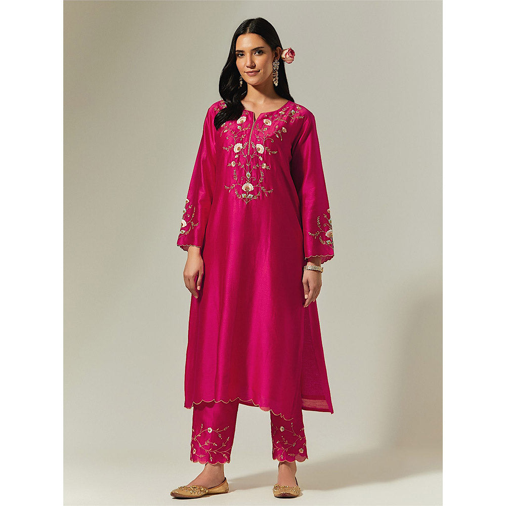 Anantaa by Roohi Trehan Fuchsia Silk Chanderi Hand Embroidered Kurta