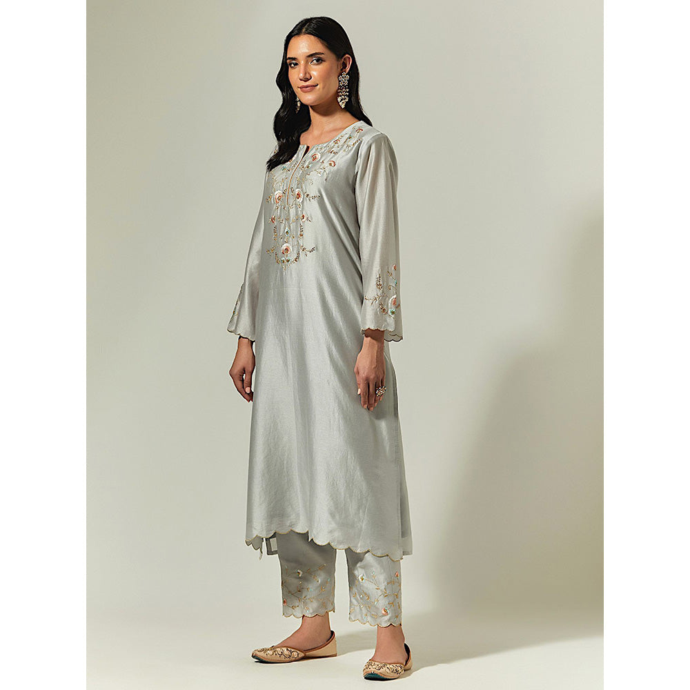 Anantaa by Roohi Trehan Grey Silk Chanderi Hand Embroidered Kurta